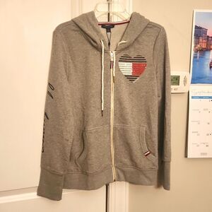 Tommy Hilfiger Gray Full-Zip Hoodie w/ American Flag Heart & Crystals Size M NWT